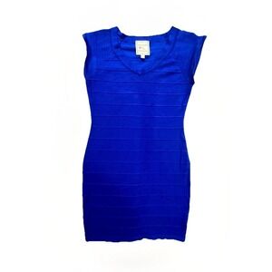 Pink Rose Bodycon Mini Dress Womens Medium Royal Blue Knit Rayon Casual V-Neck